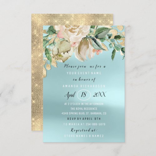 Bridal Shower Flower Brunch Spark Gold Blue Invitation