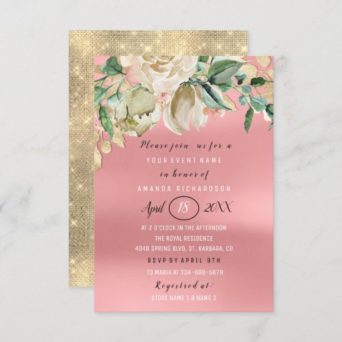 Bridal Shower Flower Brunch Spark Gold Pink Invitation