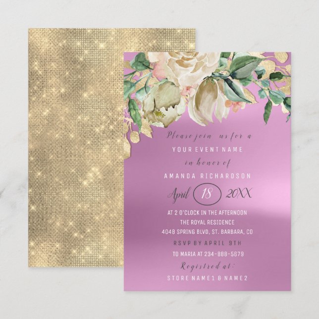 Bridal Shower Flower Brunch Spark Gold Purple Invitation (Front/Back)