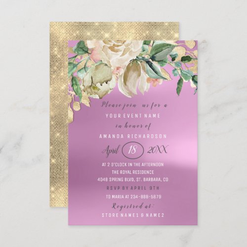 Bridal Shower Flower Brunch Spark Gold Purple Invitation