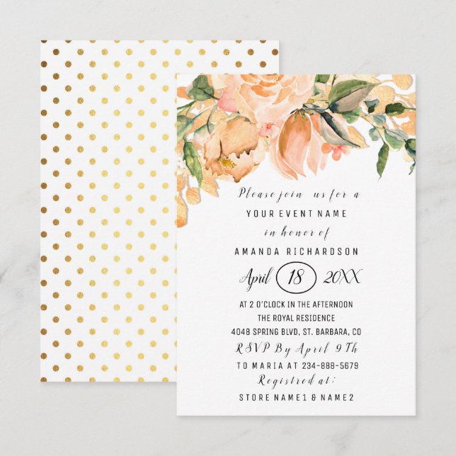 Bridal Shower Flower  Coral  Gold Glitter Dots Invitation (Front/Back)