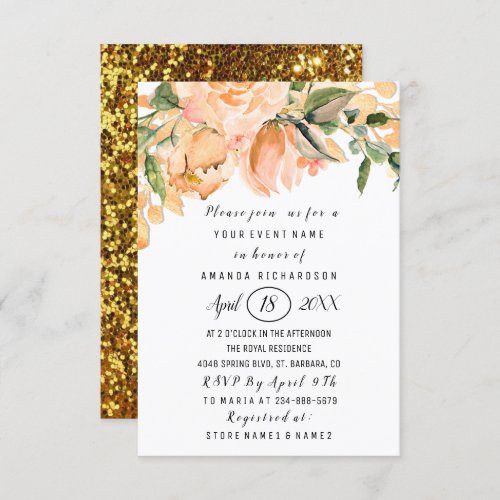 Bridal Shower Flower  Green Gold Glitter Coral Invitation