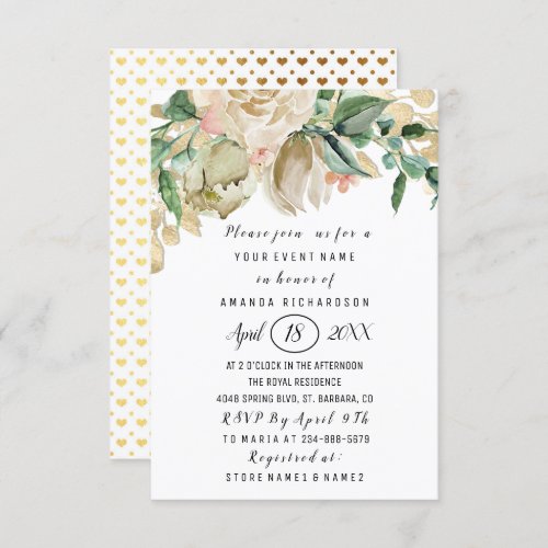 Bridal Shower Flower Heart Green Gold Glitter Dots Invitation