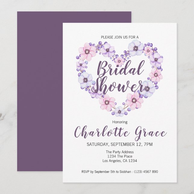 Bridal Shower Flower Heart Purple White Invitation (Front/Back)
