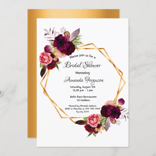 Bridal shower flowers gold geometric invitation