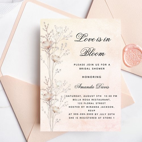 Bridal shower flowers love in bloom blush luxury invitation