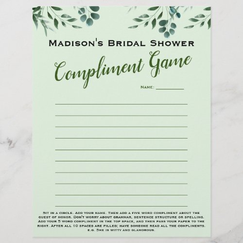 Bridal Shower Fun Fab 5 word Compliment Game