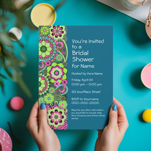 Bridal Shower: Fun Floral Pattern pink green teal Invite