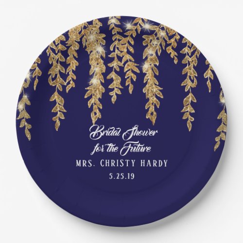 Bridal Shower Future Mrs Navy Gold Willow Leaf Paper Plates