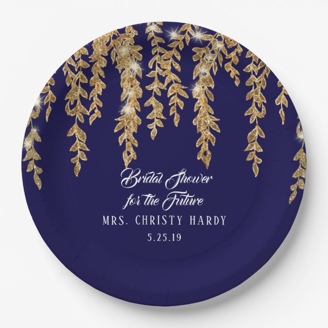 Bridal Shower Future Mrs. Navy Gold Willow Leaf Paper Plates (Front)