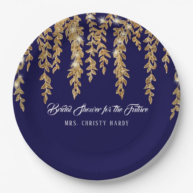 Bridal Shower Future Mrs. Navy Gold Willow Leaf Paper Plates (Front)