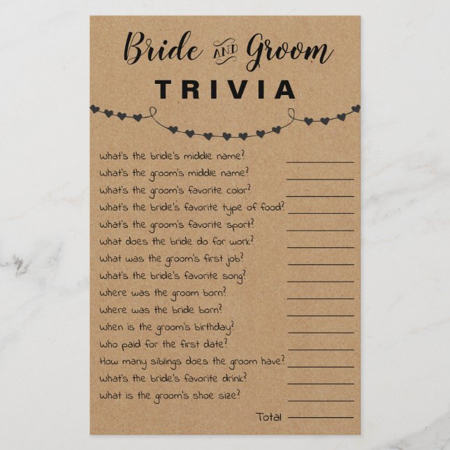 Bridal Shower Game Bride & Groom Trivia Card Flyer (Front)