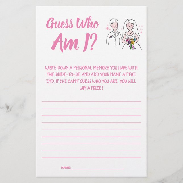 Bridal Shower Game Card Guess Who am I? Flyer (Front)