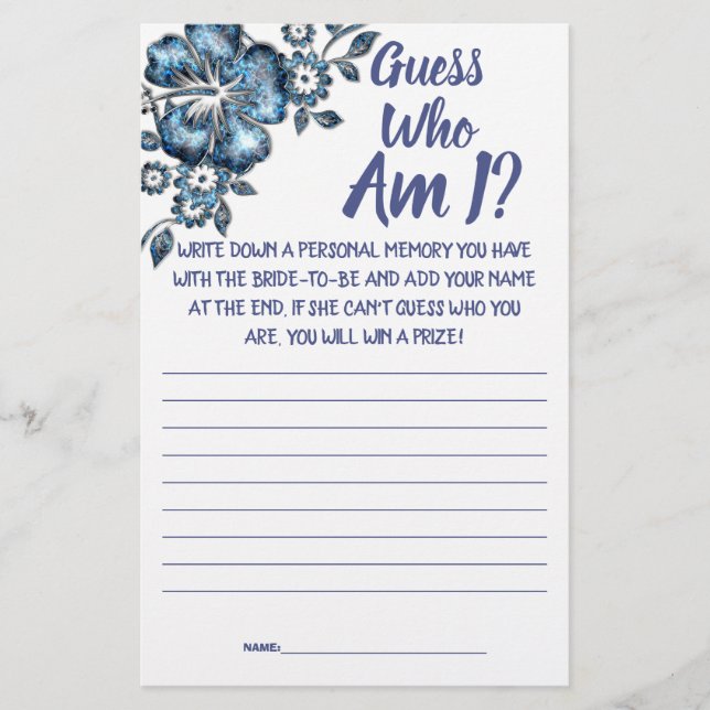 Bridal Shower Game Card Guess Who am I?  Flyer (Front)