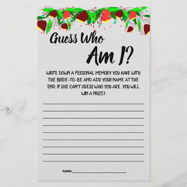 Bridal Shower Game Card Guess Who am I? Flyer (Front)