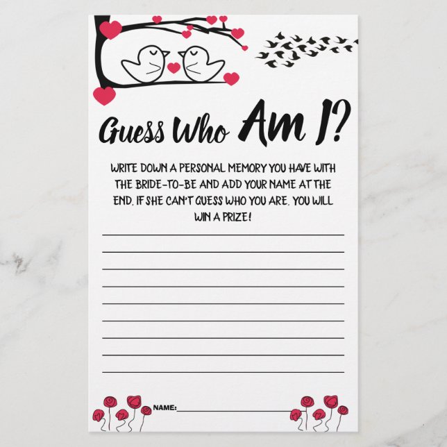 Bridal Shower Game Card Guess Who am I? Flyer (Front)
