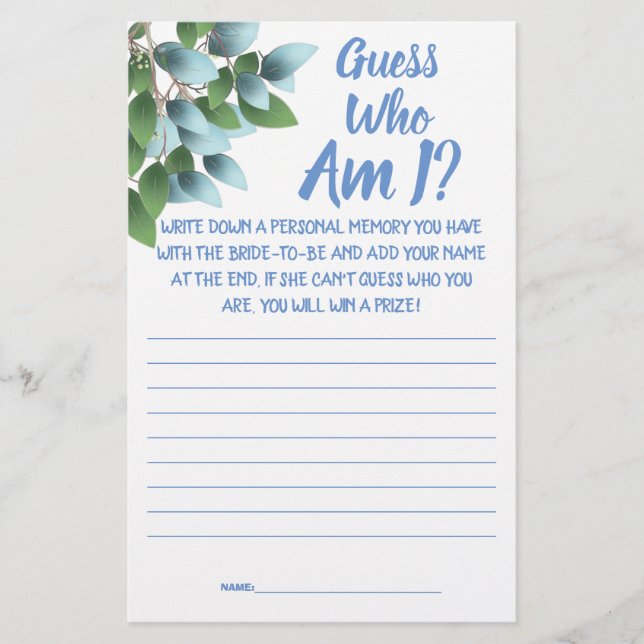Bridal Shower Game Card Guess Who am I?  Flyer (Front)