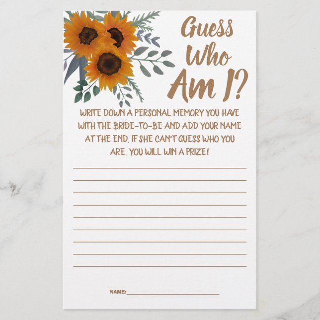 Bridal Shower Game Card Guess Who am I?  Flyer (Front)