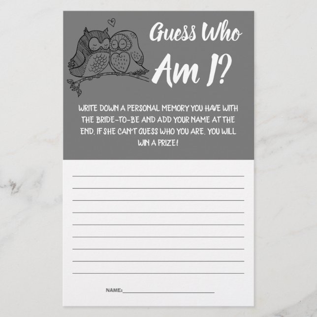 Bridal Shower Game Card Guess Who am I? Flyer (Front)