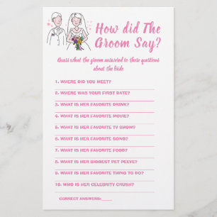 Bridal Shower Game Card What did the Groom Say Flyer