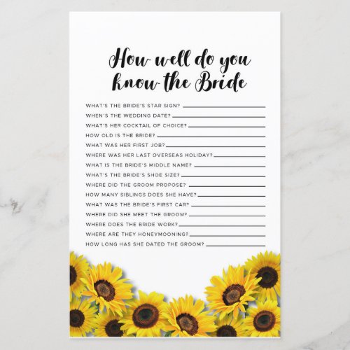 Bridal Shower Game Do You Know The Bride Sunflower
