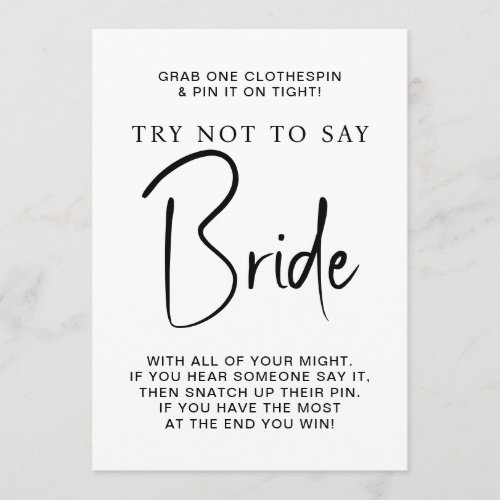 Bridal Shower Game Dont Say Bride Card