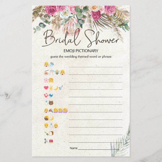 Bridal Shower Game Emoji Pictionary Pastel Boho  (Front)