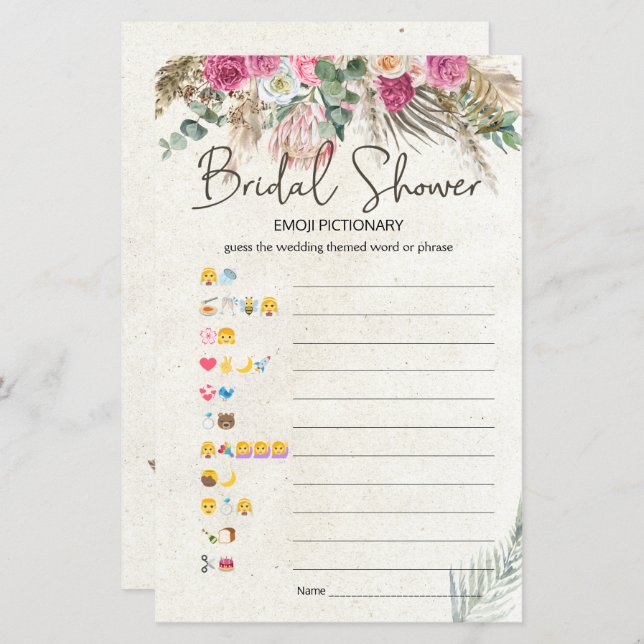 Bridal Shower Game Emoji Pictionary Pastel Boho  (Front/Back)