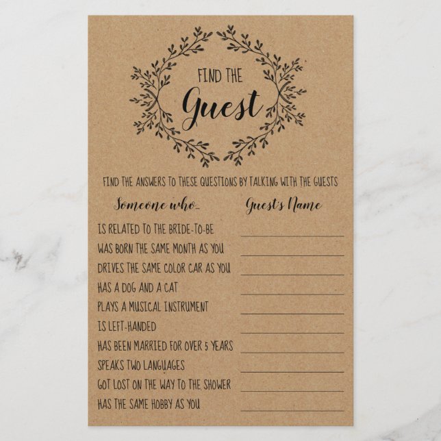 Bridal Shower Game Find The Guest Card Flyer (Front)