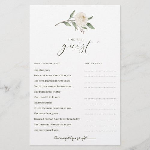 Bridal Shower Game _ Find the Guest White Floral 