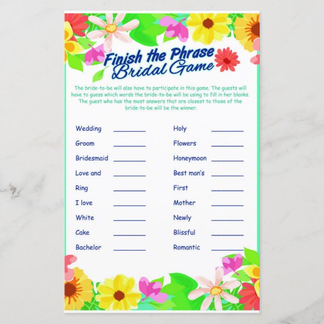 Bridal Shower Game Finish The Phrase (Front)