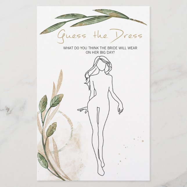 Bridal Shower Game Gold Sage Guess the Dress Card Flyer (Front)