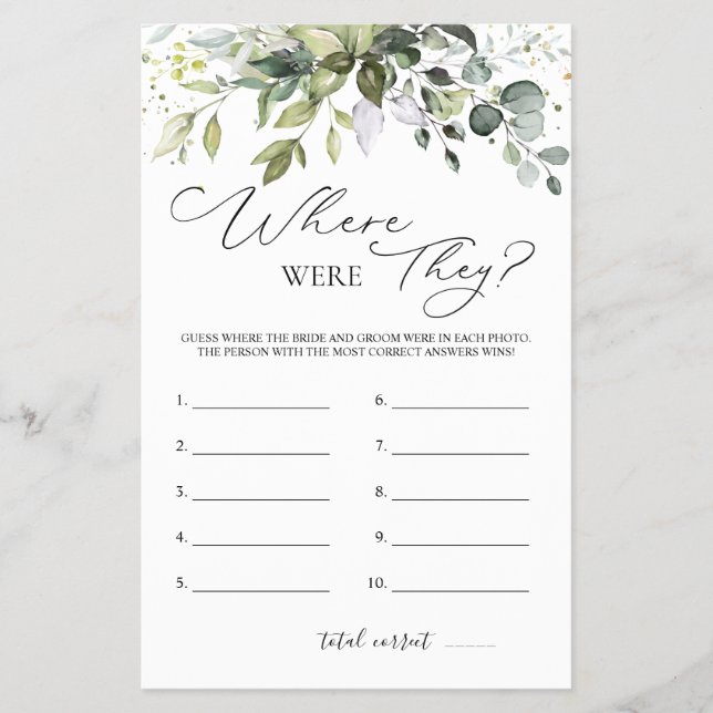 Bridal Shower Game Greenery Where Were They Flyer (Front)
