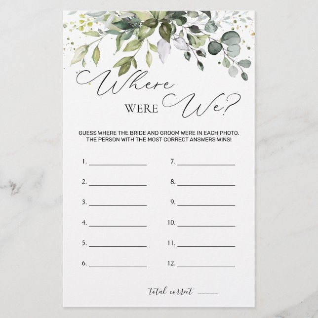 Bridal Shower Game Greenery Where Were We Stationery (Front)