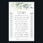 Bridal Shower Game Guess Who Card Flyer<br><div class="desc">Watercolor greenery template. Bridal Shower Game Guess Who. Make it your own by adding your own text, like instead of "groom" and "bride" type the happy couple's names and/or your own questions. You can also add text and/or personal photos on the back. To access advanced editing tools, please go to...</div>