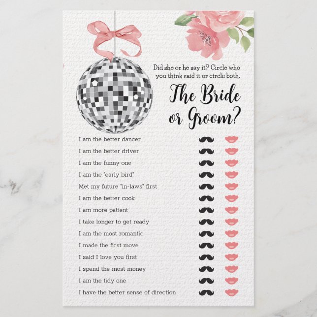Bridal Shower Game He Said She Said Disco Ball  (Front)