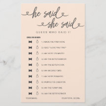 Bridal Shower Game He Said She Said Guess