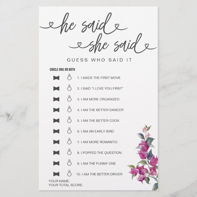Bridal Shower Game He Said She Said Guess (Front)