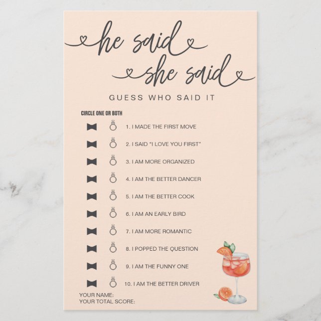 Bridal Shower Game He Said She Said Guess (Front)