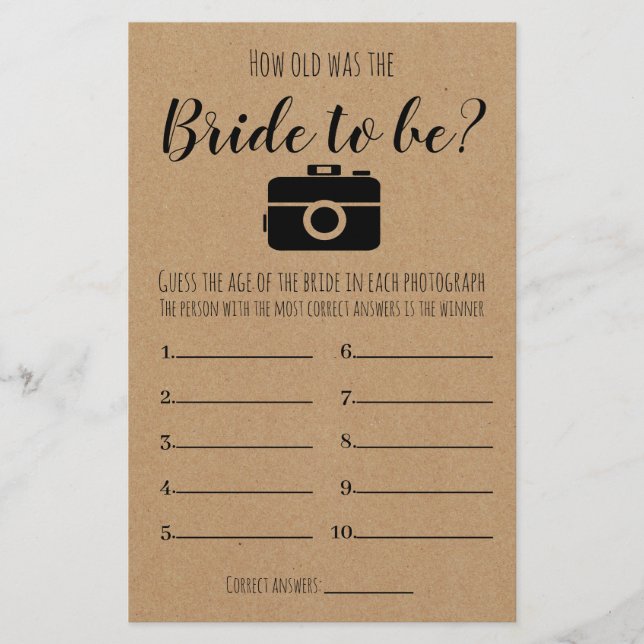 Bridal Shower Game How Old Was The Bride Card Flyer (Front)