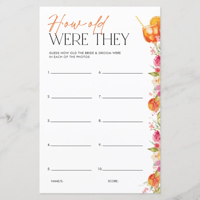 Bridal Shower Game How Old Were They First Spritz (Front)