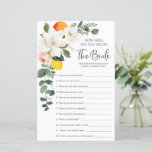 Bridal Shower Game How Well Do You Know The Bride<br><div class="desc">Get the party started with this fun double sided How Well Do You Know The Bride and Would She Rather games! 
 
Check out the entire Magnolia Citrus collection to complete your bridal shower!</div>