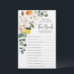 Bridal Shower Game How Well Do You Know The Bride<br><div class="desc">Get the party started with this fun double sided How Well Do You Know The Bride and Would She Rather games! 
 
Check out the entire Magnolia Citrus collection to complete your bridal shower!</div>
