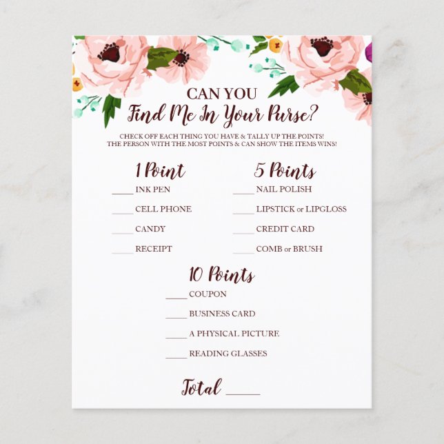 Bridal Shower Game In Your Purse Floral (Front)