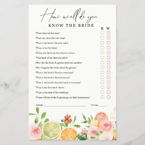 Bridal Shower Game Know the Bride Citrus floral Flyer