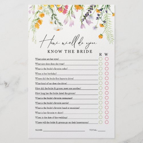 Bridal Shower Game Know the Bride Wildflowers Flye Flyer