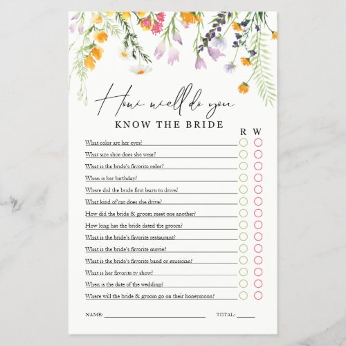 Bridal Shower Game Know the Bride Wildflowers Flye Flyer