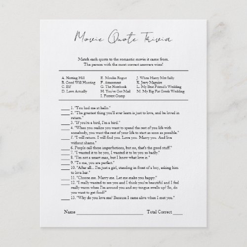 Bridal shower game Movie quote trivia Flyer