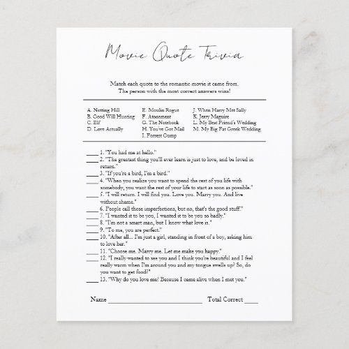 Bridal shower game Movie quote trivia Flyer