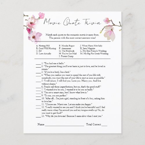Bridal shower game Movie quote trivia Flyer